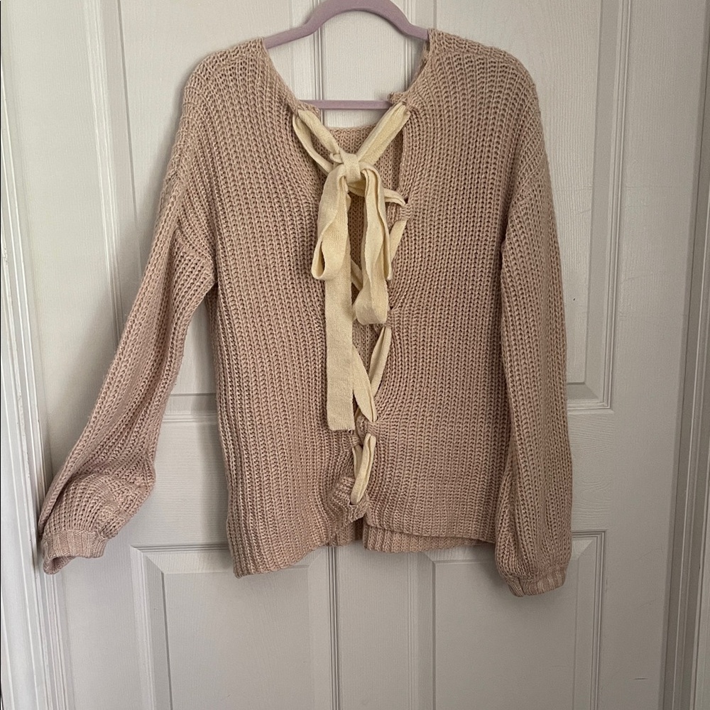 Chic Beige Cardigan with Ribbon Lace Up Back
